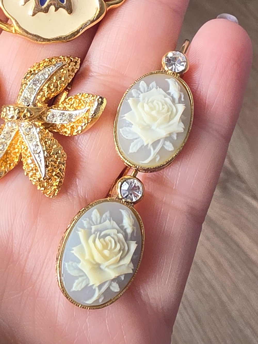 Avon Gold-Tone Cameo Rose Drop Earrings - Ivory Rose on Blue Gray - Picture 10 of 10